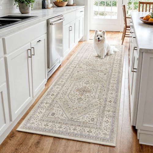 3x7 Washable Hallway Runner Rug - Non-Slip Vintage Kitchen Rugs Beige Gray by Puino