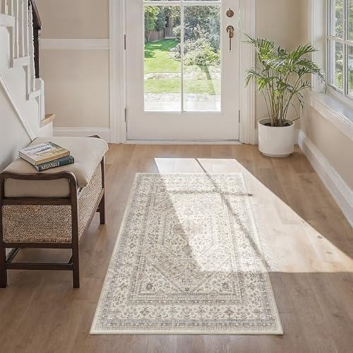 2x4 Washable Entryway Area Rug - Non-Slip Boho Throw Rugs Beige Gray - Image 3
