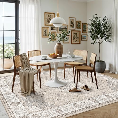 Living Room 6x9 Area Rugs: Farmhouse Washable Ultra Soft Carpet for Bedroom Nursery Indoor Vintage Stain Resistant Rug for Dining Room Non-Slip Durable Neutral Floor Mat for Pet Owners(6x9 Beige) - Image 2