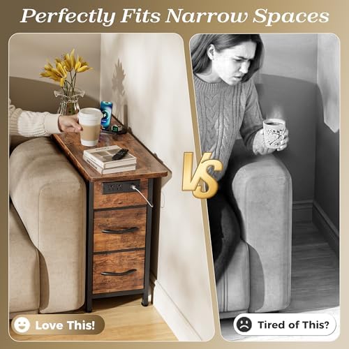 Huuger Narrow End Table with Charging Station, Side Table with 2 Drawers - Image 4