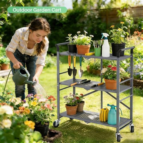 SNTD 3 Tier Rolling Cart, Metal Utility Cart on Wheels, Grey - Image 3
