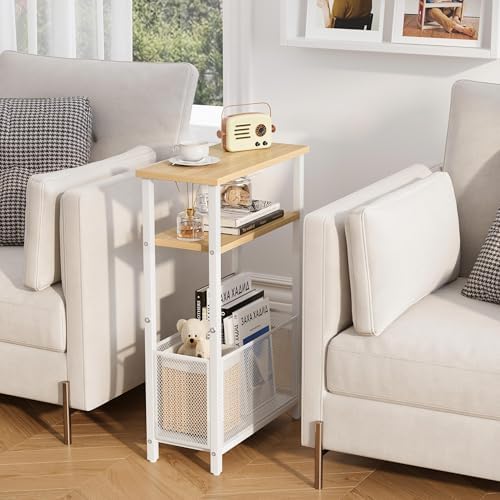 MMEOLUOOK Narrow Side Table with Storage Basket Skinny End Tables for Smalls Spaces 3 Tier Sofa Table Small Nightstand Slim Bedside Table for Living Room Bedroom Natural Wood MLBZ22Y - Image 4