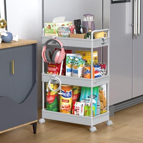 SOLEJAZZ 3 Tier Slim Rolling Storage Cart Organizer with Wheels, Gray by SOLEJAZZ