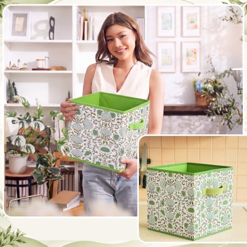 Bokon 6 Pcs 11'' Green Block Print Storage Bins Cube Floral Storage Basket - Image 4