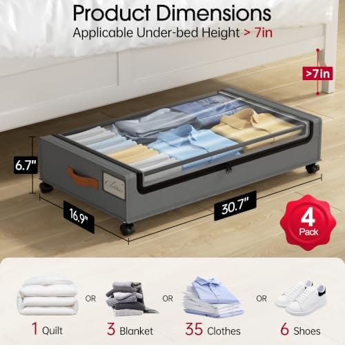 Yecaye 4 Pack Under Bed Storage with Wheels, Under Bed Storage Containers with Lids, Large Under Bed Rolling Storage with Clear Window & Label, Rolling Drawers for Clothes, Blankets, Books - Image 2
