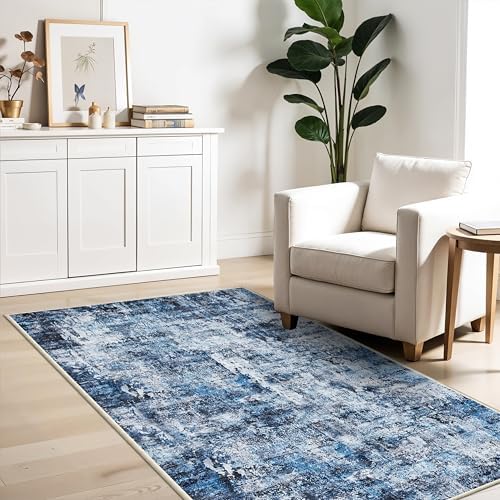 3x6 Washable Wide Runner Rug – Non-Slip Floor Carpet Runner for Kitchen Entryway Hallway Bathroom, Modern Abstract Low Pile Thin Area Rug (Navy Blue, 3x6) - Image 4