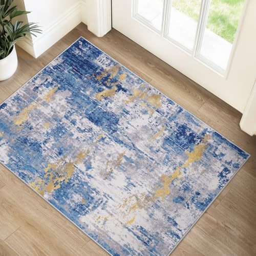 RELEANY Washable 2'x3' Abstract Area Rug for Living Room Blue Gold by RELEANY