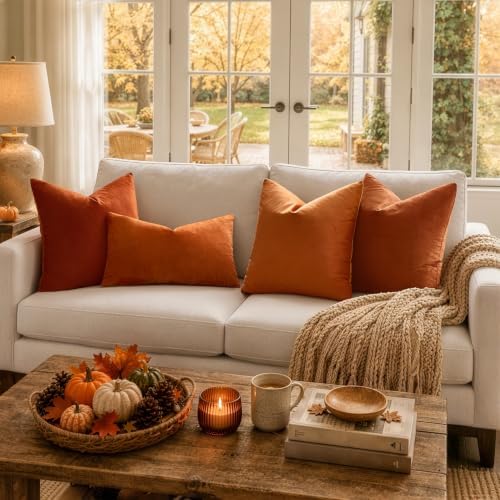 MIULEE Velvet Fall Throw Pillow Covers 12x12 Inch Pack of 2 Orange - Image 3