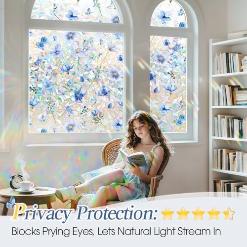 Coavas Stained Glass Window Privacy Film, 3D Rainbow Floral, 17.5" x 78.7" - Image 3