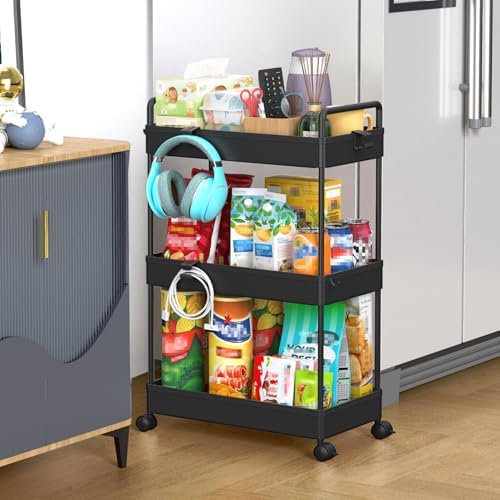 SOLEJAZZ 3 Tier Slim Rolling Storage Cart Organizer with Wheels, Black by SOLEJAZZ
