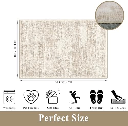 2x3 Feet Washable Entryway Rug, Non-Slip Small Kitchen Throw Mat for Sink, Soft Low-Pile Stain & Fade-Resistant Indoor Mat for Pet Area & Bathroom (Cream/Beige) - Image 2