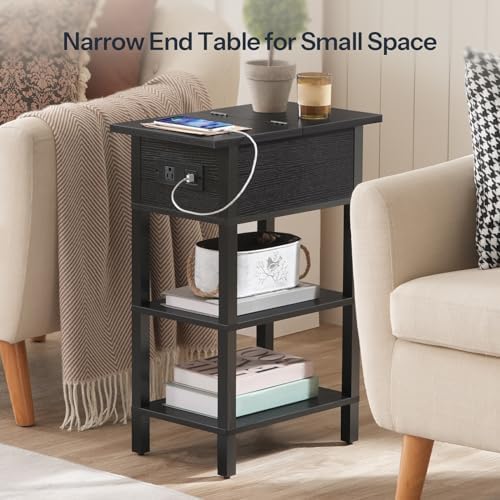 HOOBRO End Table with Charging Station, Flip Top Side Table with USB Ports, Narrow Nightstand Bedside Tables with Storage Shelves, for Small Space, Living Room, Black BK141UBZ01 - Image 4