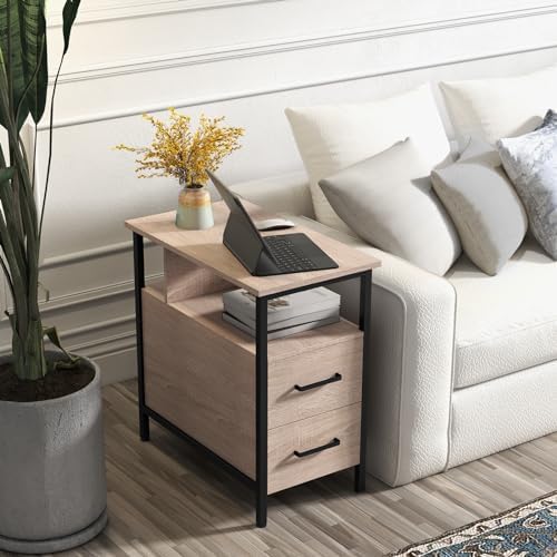 Livofloral Side Tables with Charging Station, Narrow End Table with 2 Wooden Drawers, USB Ports and Power Outlets, Narrow Nightstand and Bedside Table, Side Tables Living Room, Bedroom, Greige - Image 2
