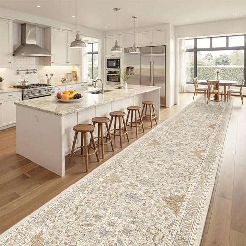 Madane Hallway Runner Rug 3x20 Washable Kitchen Runners 20ft, Beige/Blue - Image 4