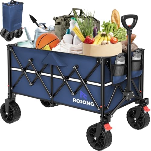ROSONG Collapsible Wagon Cart with Wheels Foldable - Folding Utility Heavy Duty Wagons Carts for Grocery Sports Garden Shopping Camping Wheelbarrows (Navy Blue, 150L) by ROSONG