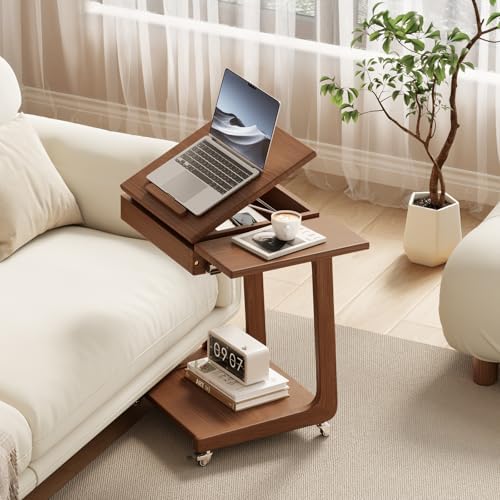 Solid Wood C Shaped End Table for Couch, Walnut Couch Desk by Unknown