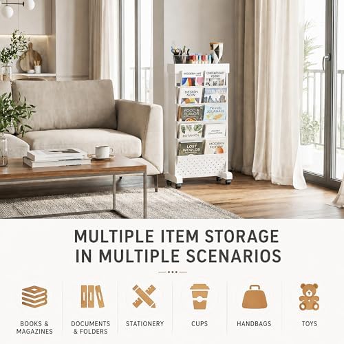 6-Tier Rolling Bookshelf Magazine Rack with Wheels White - Image 6