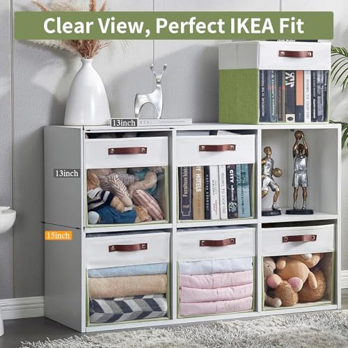 Bagnizer Storage Cubes, 4 Pack Linen Foldable Storage Bins with Clear Window and 2 Handles, 13x15x13 for Shelf Closet, Kallax, Clothes, Books - Green/Off-White - Image 2