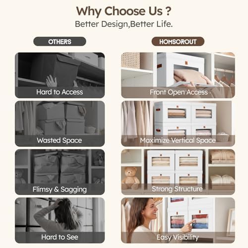 Homsorout Storage Bins with Lids - Front Opening Storage Box with Clear Window & Handles, Stackable Foldable Fabric Bins for Closet Organization, Clothes, Sweaters, Towels, Blankets, 3 Pack, White - Image 7