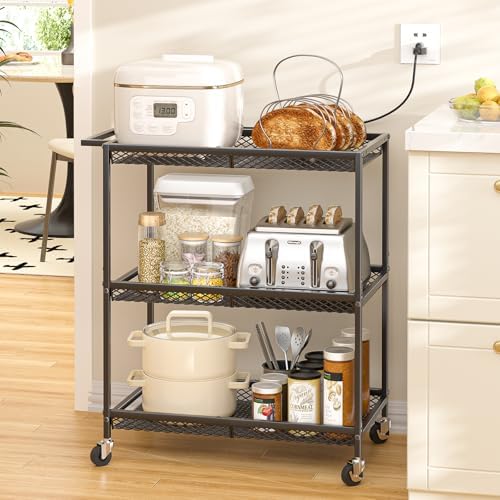 3 Tier Rolling Utility Kitchen Cart, Heavy Duty Wire Rolling Cart on Wheels, Commercial Metal Serving Carts with Handle, Kitchen Island Plant Shelf Food Storage Trolley for Laundry, Office, Garage - Image 2