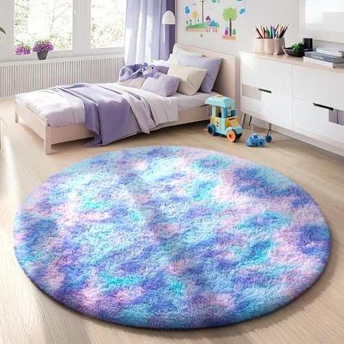 Ophanie Round Rug 4Ft Tie-Dye Rainbow Purple Circle Area Rug, Fluffy Fuzzy Bedroom Carpet,Plush Soft Shaggy Indoor Floor Colorful Living Room Rugs for Kids Home Decor Aesthetic with 99 pcs Pile fibers by Ophanie