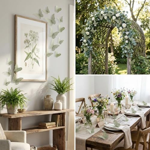 Bememo 72 Pcs 3D Butterfly Wall Decals, 3 Sizes,Sage Green | Metallic Hollow Design for Bedroom Living Room, Removable Adhesive Wall Decor, Easy Peel Stick Party Decoration Stickers - Image 2