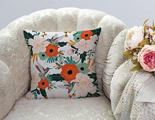 TSSOHU Flower and Hummingbird Pillow Cover Cotton Linen Spring Red Flower Green Leaves Boho Decorative Pillow Covers Cushion Cover Home Decor Pillowcase for 18x18 Inch - Image 2
