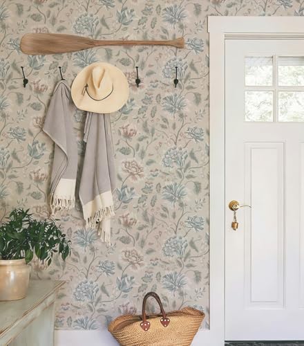 Vintage Floral Peel and Stick Wallpaper, Blue Taupe Neutral Botanical Wall Mural, Removable Self Adhesive Wall Paper for Bedroom Accent Wall, Living Room, Bathroom, Farmhouse Home Decor 17.3"x236.22" - Image 4