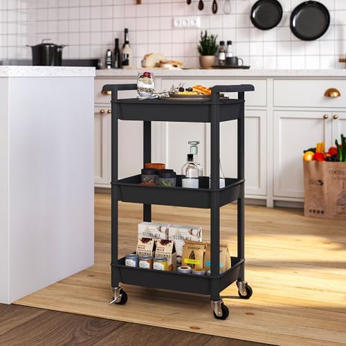 Steehoom 3-Tier Utility Rolling Cart with Cover Top Board, Mobile Utility Cart with Lockable Casters Multi-Functional Storage Trolley for Office, Bathroom, Kitchen, Garden, Laundry Room (Black) - Image 5