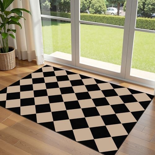 Black Tan Checkered Entry Rug - 3x5 Non-Slip Indoor Outdoor Rugs by Othilic