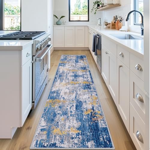 RELEANY Washable Runner 2'x6' Abstract Area Rug for Hallway Blue Gold by RELEANY