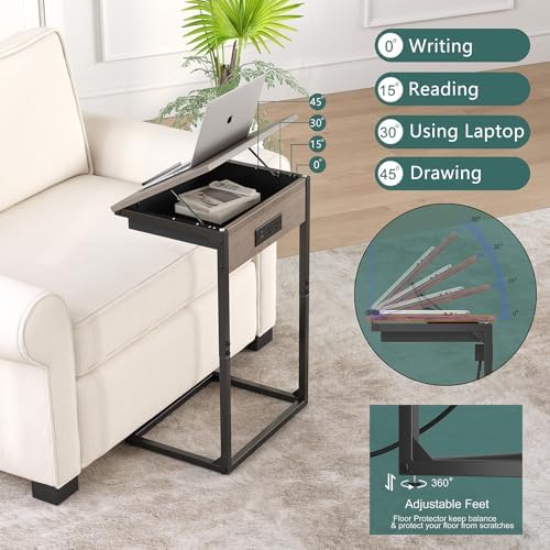 sthmec C Shaped End Tables with Charging Station, 45° Tiltable Adjustable Flip Top Side Table with Storage,Small C Table for Small Spaces,Slide Under Couch Sofa Bedside Tables for Living Room, Grey - Image 4