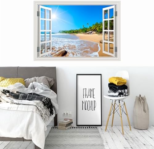 Fake Window Wall Decal- Summer Beach Seascape Coast Open Wall Art Sticker | Faux Window Tropical Ocean Natural Scenery Landscape Mural｜ Stick and Peel Wall Decals｜for Room Bedroom Office Decor｜24"x16" - Image 6