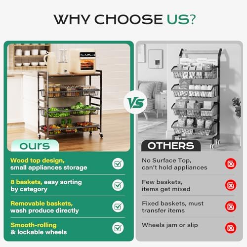 Cinati 4-Tier Utility Kitchen Cart with Wood Top, 29" W Kitchen Storage Cart with 8 Baskets & Handle, Metal Snack Cart with Wheels, Adjustable Pantry Organizer and Storage Cart for Fruit, Vegetables - Image 3