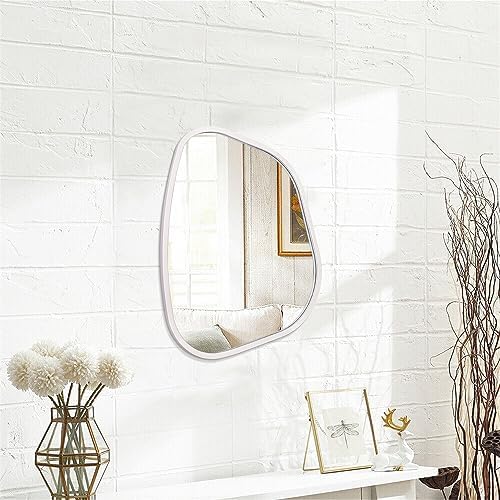 White Irregular Bathroom Mirror Modern Oval Wall Mirror Asymmetrical Wooden Framed Wall Mirror Unique Shape Wall Mounted Vanity Artistic Mirror Decor for Living Room Bedroom Entryway Small 14"x10" - Image 2