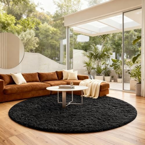 Ophanie Round Rug 8Ft Black Circle Area Rug, Room Decor for Men, Fluffy Fuzzy Bedroom Carpet, Plush Soft Shaggy Living Room Rugs for Kids Home Aesthetic, Nursery with Over 99 pcs Pile fibers - Image 3