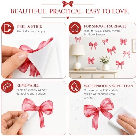 60Pcs Watercolor Bowtie Wall Stickers - Coquette Aesthetic Vinyl Decals for Room Decor in Light Pink, Sky Blue, Mint Green, Lavender Peel and Stick Nursery, Bedroom, Kindergarten Wall Art (Red) - Image 3