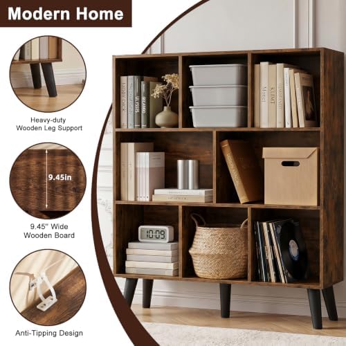 YAHARBO 8 Cube Brown Bookshelf,3 Tier Book Shelf with Legs,Modern Minimalist Bookcase,Open Book Shelves Storage Organizer,Frees Standing Wooden Display Bookcases for Small Space,Bedroom,Living Room - Image 5