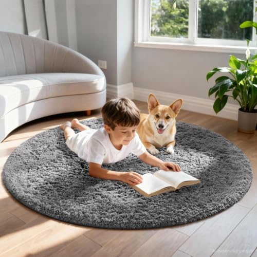 Ophanie Round Rug 5Ft Grey Circle Area Rugs,Fluffy Fuzzy Bedroom Carpet 5 Foot,Plush Shag Indoor Floor Gray Living Room Circular Decor for Kids Teen Boys Baby,Classroom with Over 99 pcs Pile fibers - Image 3