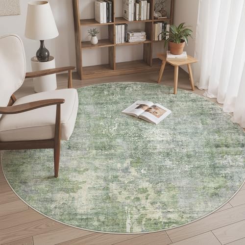 Soalmost Abstract 5x5 Round Rug 5ft Circle Living Room Rugs, Green/Ivory - Image 2