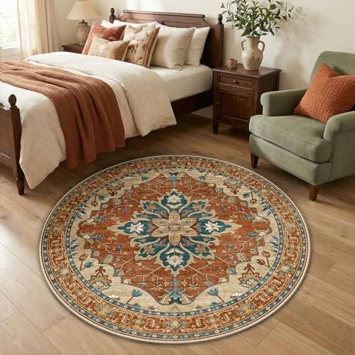 RELEANY Washable Area Rug, Round 4ft, Red/Orange/Blue/Brown by RELEANY