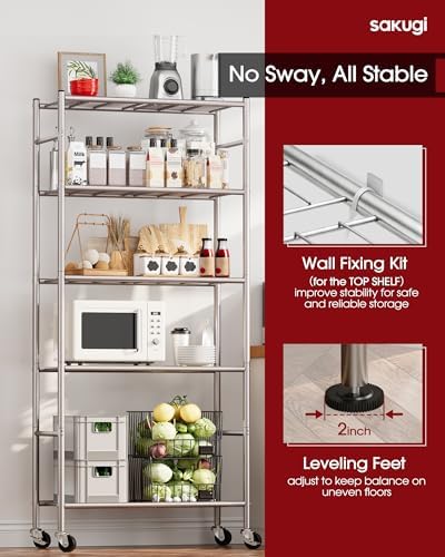 Sakugi 5-Tier Storage Shelves 33.1" x12.6' x73.5 Silver with Wheels - Image 4