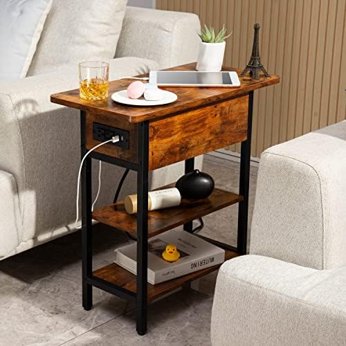 Yoobure End Table with Charging Station, Flip Top Side Table with USB Ports and Outlets, Sofa Couch Table Bedside Table for Living Room Bedroom, Narrow Nightstand with Storage Shelves for Small Space - Image 2