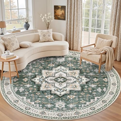 Round Area Rug for Living Room: 6ft Boho Washable Rug Green Ivory by EXPEDIX