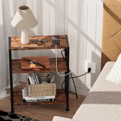 End Table with Charging Station, 3-Tier Side Table for Small Space, Skinny Nightstand with USB/Type C Port and 2 Outlets, Slim Beside Table for Living Room, Bedroom, Balcony, Rustic Brown - Image 2