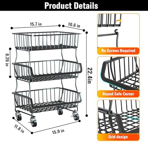 Gsiekare 3-Tier Rolling Pantry Organizer and Storage Cart with Wheels - Image 2