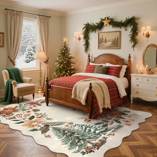 Lahome Floral Christmas Rugs for Living Room, Washable Christmas Rug 8x10 Under Bed Soft Xmas Tree Rug, Stain Resistance Large Carpets for Dining Room Office Home Decor, Beige/Multi - Image 3
