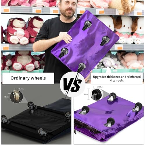 Medium Purple Reusable Grocery Bag on Wheels, Foldable Rolling Tote Bag - Image 2