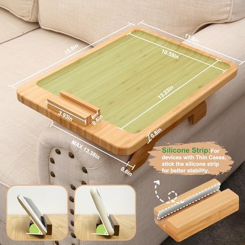 SINWANT Couch Arm Tray Table, Large Space 15.75"x 11.8" Bamboo Couch Armrest Table with 360° Rotating Phone Holder,Foldable Sofa Armrest Tray for Eating Snacks Drinks Remote Books - Image 4