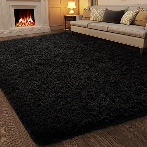 Ophanie 7x10 Black Area Rugs for Living Room,Large Shag Bedroom Carpet,Big Indoor Thick Soft Shaggy Nursery Rug,Fluffy Carpets for Boy and Girls Room Dorm Decor Aesthetic with Over 99 pcs Pile fibers by Ophanie